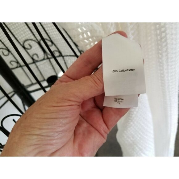 DKNY White Open Weave 100% Cotton Cardigan Elbow Length Sleeves Front Drape M/L - Picture 9 of 9